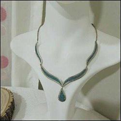 Retro Alpaka Üzeri Turkuaz Kakma El yapımı Kolye Meksika 0062