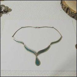 Retro Alpaka Üzeri Turkuaz Kakma El yapımı Kolye Meksika 0062