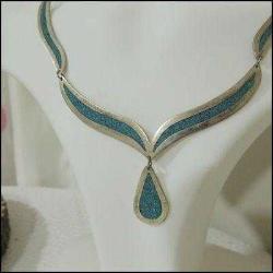 Retro Alpaka Üzeri Turkuaz Kakma El yapımı Kolye Meksika 0062