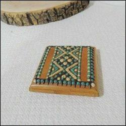 Vintage Mavi Boncuklu Ahşap Pudriyer Peru