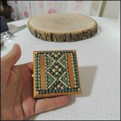 Vintage Mavi Boncuklu Ahşap Pudriyer Peru