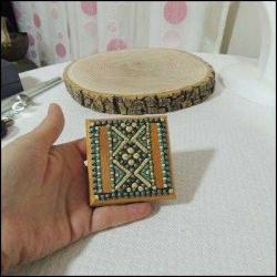 Vintage Mavi Boncuklu Ahşap Pudriyer Peru