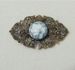 Antika Bakır Dantel Porselen Taşlı Kürk İğnesi   0006