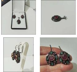 Vintage 925 Gümüş Yakut ve Zümrüt Taşlı Kolye Ucu ve Küpeler Takım   0052