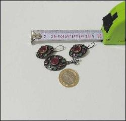 Vintage 925 Gümüş Yakut ve Zümrüt Taşlı Kolye Ucu ve Küpeler Takım   0052