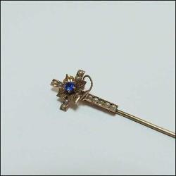 Antika 14K 14 Ayar Altın Kum İnci ve Mavi Taşlı Haç Yaka İğnesi Stickpin 0042