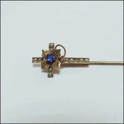 Antika 14K 14 Ayar Altın Kum İnci ve Mavi Taşlı Haç Yaka İğnesi Stickpin 0042