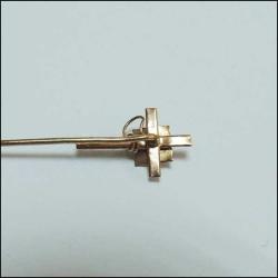 Antika 14K 14 Ayar Altın Kum İnci ve Mavi Taşlı Haç Yaka İğnesi Stickpin 0042