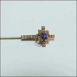 Antika 14K 14 Ayar Altın Kum İnci ve Mavi Taşlı Haç Yaka İğnesi Stickpin 0042