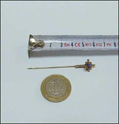 Antika 14K 14 Ayar Altın Kum İnci ve Mavi Taşlı Haç Yaka İğnesi Stickpin 0042