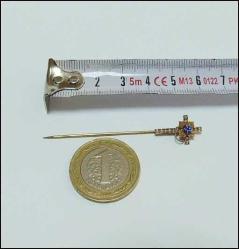 Antika 14K 14 Ayar Altın Kum İnci ve Mavi Taşlı Haç Yaka İğnesi Stickpin 0042