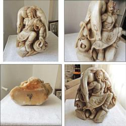 Retro 1950ler Elde Oyma Artist İmzalı Shoushan Taşı Savaşçı ve Dragon Figürin Biblo El Yapımı  Çin