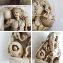 Retro 1950ler Elde Oyma Artist İmzalı Shoushan Taşı Savaşçı ve Dragon Figürin Biblo El Yapımı  Çin