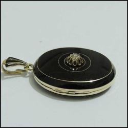 Antika 14K 14 Ayar Altın El Yapımı  Whitby Jet Onyx  0.50 Karat Elmas Locket Kolye Ucu 0033