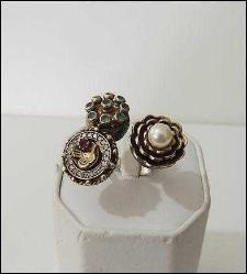 Vintage Özel Yapım 925 Gümüş İnci Yakut Zümrüt ve Zirkon Taşlı Tuğra Yüzük Ayarlanabilir Ölçü