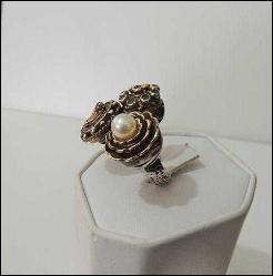 Vintage Özel Yapım 925 Gümüş İnci Yakut Zümrüt ve Zirkon Taşlı Tuğra Yüzük Ayarlanabilir Ölçü