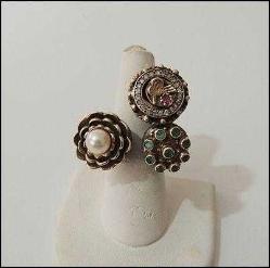 Vintage Özel Yapım 925 Gümüş İnci Yakut Zümrüt ve Zirkon Taşlı Tuğra Yüzük Ayarlanabilir Ölçü