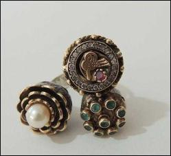 Vintage Özel Yapım 925 Gümüş İnci Yakut Zümrüt ve Zirkon Taşlı Tuğra Yüzük Ayarlanabilir Ölçü