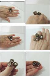 Vintage Özel Yapım 925 Gümüş İnci Yakut Zümrüt ve Zirkon Taşlı Tuğra Yüzük Ayarlanabilir Ölçü