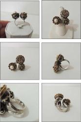 Vintage Özel Yapım 925 Gümüş İnci Yakut Zümrüt ve Zirkon Taşlı Tuğra Yüzük Ayarlanabilir Ölçü