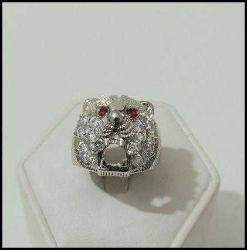 Vintage 925 Gümüş Zirkon Taşlı Kükreyen Aslan Kafası Yüzük Designer Ölçü 17