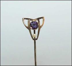 Antika 10K 10 Ayar Altın Ametist ve İnci Yaka İğnesi Stickpin 0042