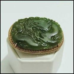 Antika 14K 14 Ayar Altın El Yapımı Jadeite Jade Yeşim Taşı Broş Kolye Ucu 0033