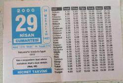 TAKVİM YAPRAĞI - 29 NİSAN 2000 CUMARTESİ(KOLEKSİYONLUK)