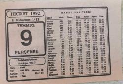 Efemera - TAKVİM YAPRAĞI - 9 TEMMUZ 1992 PERŞEMBE(KOLEKSİYONLUK) - kitantik - kitaLog