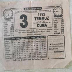 TAKVİM YAPRAĞI - 3 TEMMUZ 1992 CUMA(KOLEKSİYONLUK)