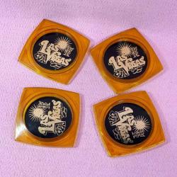 RETRO LAS VEGAS HATIRASI AMBER RENKLİ ŞEFFAF PLASTİK 4 ADET COASTER MADE IN BRITISH C.C HONG KONG