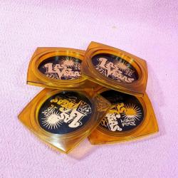 RETRO LAS VEGAS HATIRASI AMBER RENKLİ ŞEFFAF PLASTİK 4 ADET COASTER MADE IN BRITISH C.C HONG KONG