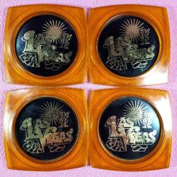 RETRO LAS VEGAS HATIRASI AMBER RENKLİ ŞEFFAF PLASTİK 4 ADET COASTER MADE IN BRITISH C.C HONG KONG