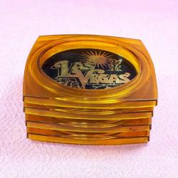 RETRO LAS VEGAS HATIRASI AMBER RENKLİ ŞEFFAF PLASTİK 4 ADET COASTER MADE IN BRITISH C.C HONG KONG