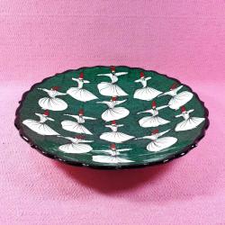 VINTAGE AA SAYHA SPECIAL HAND MADE İMZALI SEMAZENLER TASVİRLİ YEŞİL RENKLİ KÜTAHYA BÜYÜK ÇİNİ TABAK