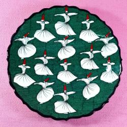 VINTAGE AA SAYHA SPECIAL HAND MADE İMZALI SEMAZENLER TASVİRLİ YEŞİL RENKLİ KÜTAHYA BÜYÜK ÇİNİ TABAK