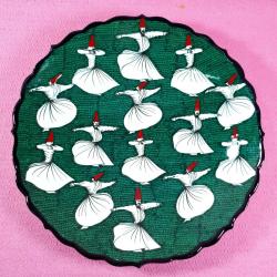 VINTAGE AA SAYHA SPECIAL HAND MADE İMZALI SEMAZENLER TASVİRLİ YEŞİL RENKLİ KÜTAHYA BÜYÜK ÇİNİ TABAK