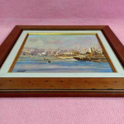 VINTAGE İSTANBUL HALİÇTE TEKNELER TEMALI AHŞAP ÇERÇEVELİ İMZALI YAĞLIBOYA RESİM