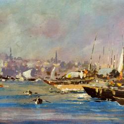 VINTAGE İSTANBUL HALİÇTE TEKNELER TEMALI AHŞAP ÇERÇEVELİ İMZALI YAĞLIBOYA RESİM