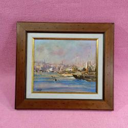 VINTAGE İSTANBUL HALİÇTE TEKNELER TEMALI AHŞAP ÇERÇEVELİ İMZALI YAĞLIBOYA RESİM