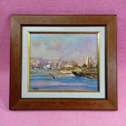 VINTAGE İSTANBUL HALİÇTE TEKNELER TEMALI AHŞAP ÇERÇEVELİ İMZALI YAĞLIBOYA RESİM