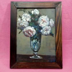 VINTAGE VAZODA BEYAZ ÇİÇEKLER AHŞAP ÇERÇEVELİ İMZALI YAĞLIBOYA RESİM