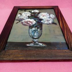 VINTAGE VAZODA BEYAZ ÇİÇEKLER AHŞAP ÇERÇEVELİ İMZALI YAĞLIBOYA RESİM