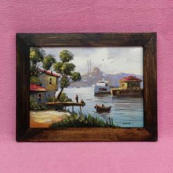 VINTAGE İSTANBUL HALİÇ TEMALI AHŞAP ÇERÇEVELİ İMZALI YAĞLIBOYA RESİM