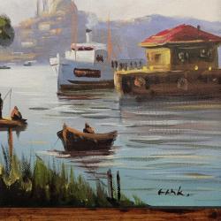 VINTAGE İSTANBUL HALİÇ TEMALI AHŞAP ÇERÇEVELİ İMZALI YAĞLIBOYA RESİM