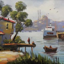 VINTAGE İSTANBUL HALİÇ TEMALI AHŞAP ÇERÇEVELİ İMZALI YAĞLIBOYA RESİM