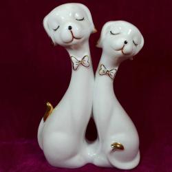 VINTAGE AVRUPA CHAORENCIYI ALTIN YALDIZ EL DEKORLU ÇİFT FİGÜRLÜ KÖPEK PORSELEN BİBLO