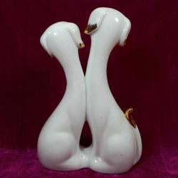 VINTAGE AVRUPA CHAORENCIYI ALTIN YALDIZ EL DEKORLU ÇİFT FİGÜRLÜ KÖPEK PORSELEN BİBLO