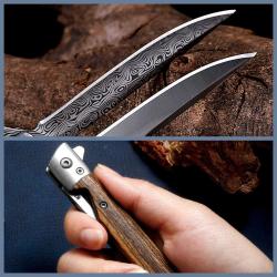 OMENİV'DEN AĞAÇ SAPLI M390 ÇELİK DAMASKUS DESEN ÇAKI BIÇAK KİLİTLİ KILIFLI OUTDOOR KAMP BALIK AVCI
