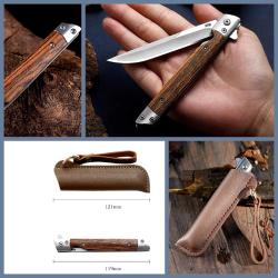 OMENİV'DEN SANDAL AĞACI KABZALI ÇAKI BIÇAK KİLİTLİ DERİ KILIFLI OUTDOOR KAMP BALIK AVCI M390 ÇELİK